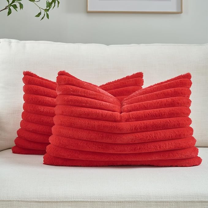 FUTEI Pack of 2 Faux Fur Throw Pillow Covers 12x20 Inch, Red | Fluffy Faux Rabbit Fur Front/Premium Velvet Back,Hidden Zipper,Machine Washable,Non-Shedding,Colorfast,Insert Not Included.