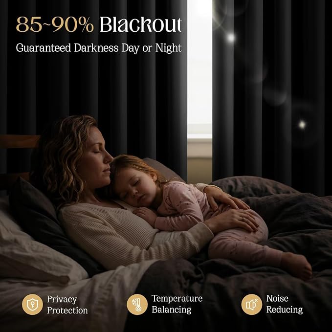 CUCRAF Black Blackout Curtains 63 inch Length 2 Panels Set, Rod Pocket Room Darkening Drapes for Bedroom Living Room, Insulated Thermal Light Blocking Window Curtain (W52 x L63 Inch)
