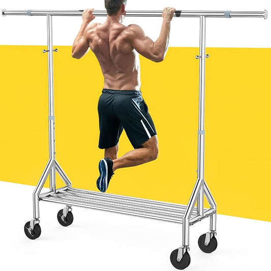 Upgraded 100% Stainless Steel Clothing Rack Load 760LBS, Heavy Duty Clothes Racks with Larger & Sturdy Wheel, Extendable & Adjustable Rolling Garment with Shelves for Hanging Portable Closet Rack