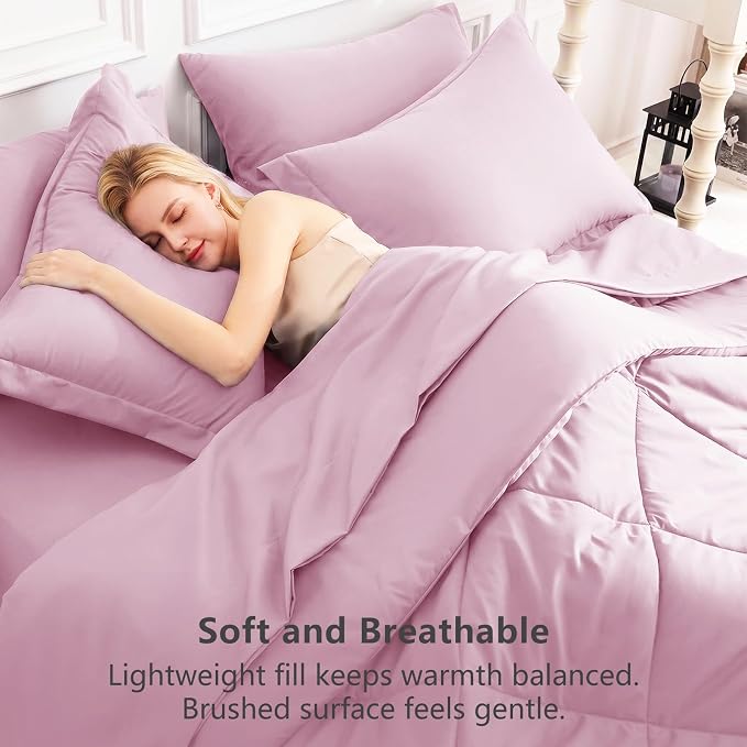 Full Size Comforter Sets Light Pink - 7 Pieces Complete Bedding Set | OEKO-TEX Certified, All Season, 240GSM Down-Alternative Comforter, Sheets, Pillowcases & Shams, 14" Deep Pocket, Easy Care