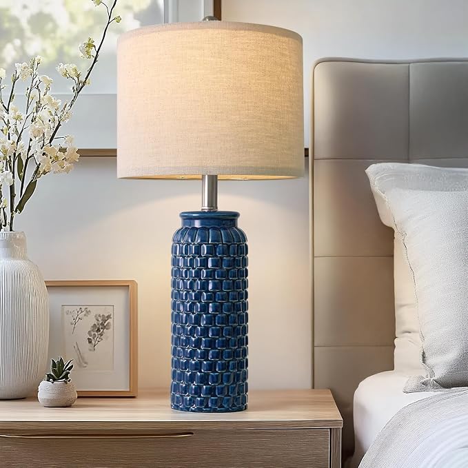 USumkky 24 inches Modern Ceramic Dark Blue Bedside Lamp Set of 2 for Bedroom Decor Farmhouse Table Lamp for Living Room Office Dorm
