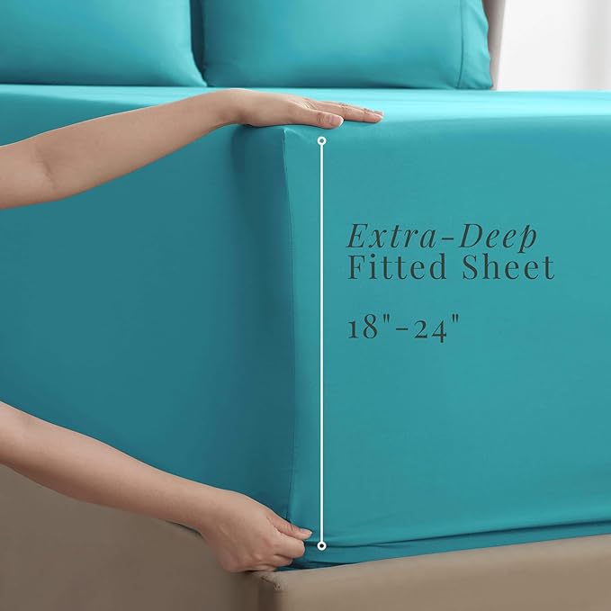 Hearth & Harbor Extra Deep Pocket Sheets - Fits Mattress 18-24 Inches Deep - Extra Deep Pocket California King Size - 6 Piece Cal King Sheets - Cal King, Teal