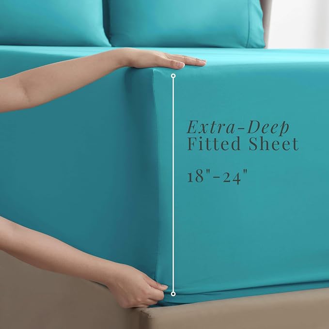 Hearth & Harbor Extra Deep Pocket King Size Sets - Fits Mattress 18-24 Inches Deep - Extra Deep Pocket Sheets - 6 Piece King Size - Teal