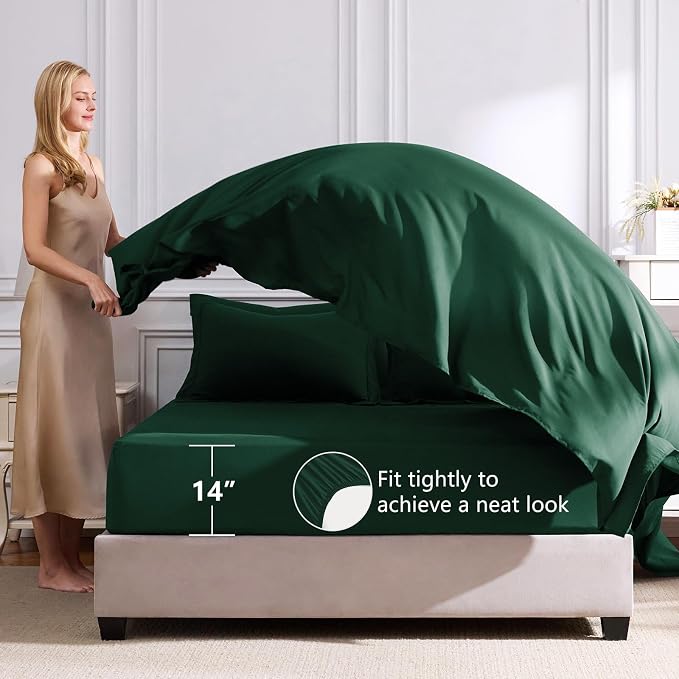 Queen Comforter Set Emerald Green - 7 Pieces Complete Bedding Set | OEKO-TEX Certified, All Season, 240GSM Down-Alternative Comforter, Sheets, Pillowcases & Shams, 14" Deep Pocket, Easy Care