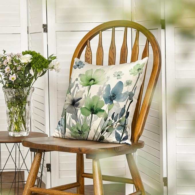 AVOIN colorlife Poppy Flowers Chinoiserie Throw Pillow Cover 18x18 Inch | Blue Sage Green Seasonal Leaves Cushion Case Decoration for Sofa Couch Farmhouse