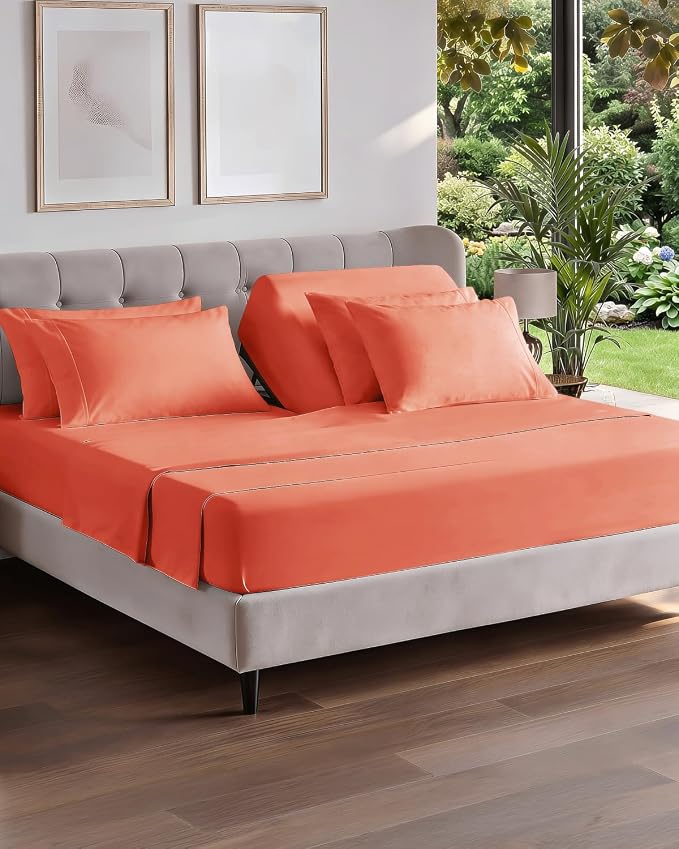 Flex Top Split Head King 6 Piece Sheet Set - Breathable & Cooling - Coral | Ultra Soft Hotel Luxury Bedding Set w/ 8-16 Inch Deep Pockets, 1 Flat & 1 Split-Head Fitted Sheet & 4 Pillowcases, Fade Free