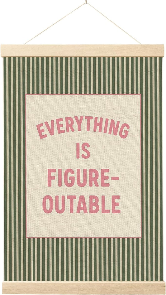 FGFK Positive Affirmations Wall Art Poster Hanger Frame 16x24 Inch | Retro Pink and Green Everything Is Figureoutable Canvas Prints Framed Wall Decor for Office Classroom Home Bedroom