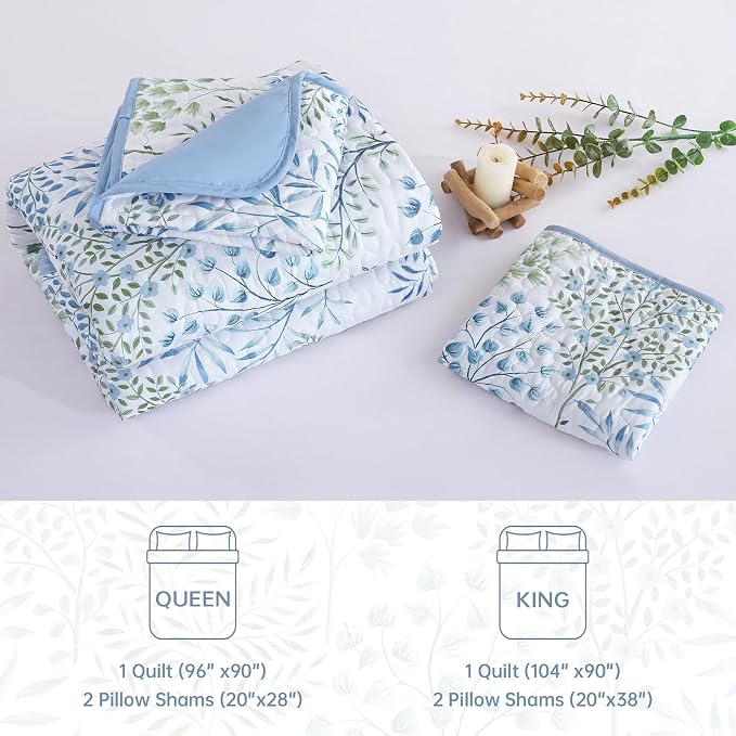 WONGS BEDDINGKing Quilt Set, 3 Pcs Blue Green Floral Bedspread Coverlet | Botanical Print Quilt Set for Spring Summer, Lightweight Microfiber Farmhouse Quilted Bed Cover for Guest Room 110"×90"