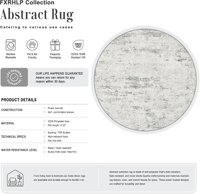 Round Area Rug Living Room: 5 ft Modern Washable Carpet Gray | For Bedroom Dining Room Farmhouse Nursery Hallway Office,Modern Abstract,Machine washable,Non-Slip,Stain Resistant,Indoor