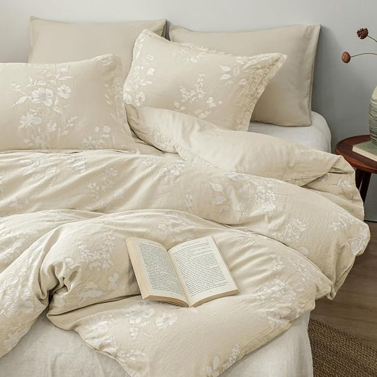 PHF Stone-Washed 100% Cotton Duvet Cover Set Queen Size, 90"x90", Oak | Elegant Floral Jacquard Woven, Ultra Soft Breathable All Season Bedding Set for Adults, 3pcs with 2 Pillow Shams, No Filling
