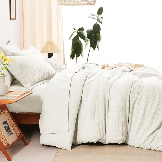 Queen Comforter Set, 7 Pieces Ivory Seersucker Bed in a Bag | OEKO-TEX Certified, All Season Bedding Set with 240 GSM Down Alternative Comforter, Flat & Fitted Sheets, Pillowcases & Shams