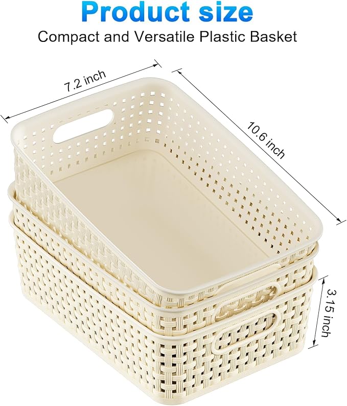 FUCDTEFC White Plastic Basket, 8 Pack Home Organization and Storage Baskets with Handles, Space Saving Woven Organizer Bins Plastic Storage Basket for Organizing Cabinets,Closets, Shelves, Countertops | Space Saving, Woven Organizer, Plastic Bins, Stor...