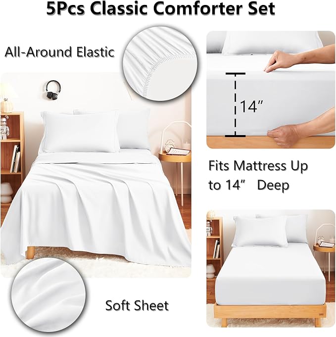 Twin XL Comforter Set with Sheets White - 5 Pieces Bed in a Bag | College Dorm Essentials, OEKO-TEX Certified, All Season, 240GSM Down-Alternative Comforter, Sheets, Pillowcase & Sham