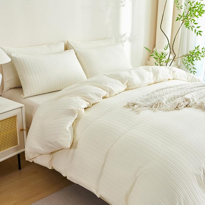 Comforter King Set Beige Striped Soft Luxury Washed Microfiber Jacquard 3 Pieces Bedding Set, Beige Vertical Ticking Stripes Comforter with 2 Pillowcases Breathable Durable Comfy