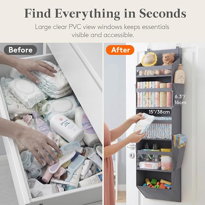 Lifewit 1 Pack Over the Door Organizer, 5 Section Clear Window Hanging Storage with 4 Side Pockets, Sturdy Anti Tilt 40 lbs Load Behind Door for Closet, Bedroom, Bathroom, Nursery, Dorm, Dark Gray