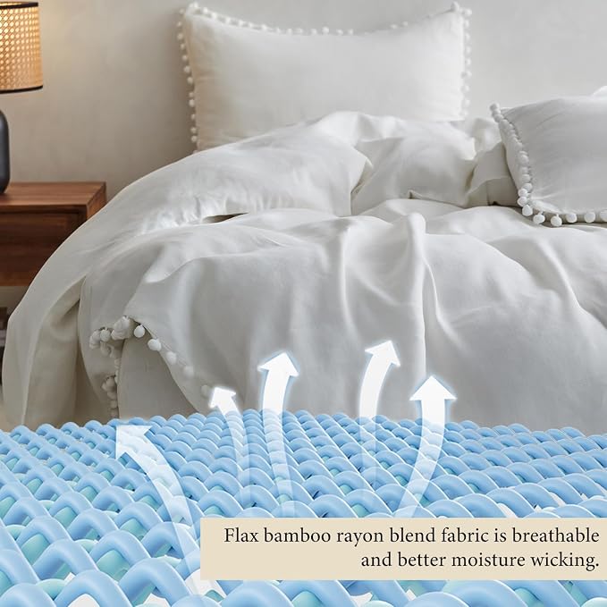 Simple&Opulence French Linen Blended Duvet Cover King, Flax Viscose Derived from Bamboo Bedding Set with Pom Pom Trim Soft Cooling for Hot Sleepers, 1 Boho Comforter Cover and 2 Pillow Shams, White