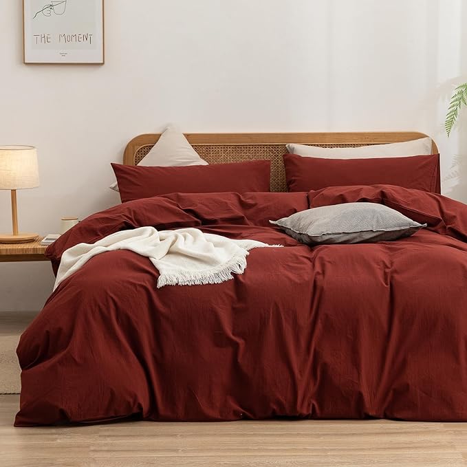 BESTOUCH Cotton Solid Duvet Cover Set Linen Feel Fired Brick Red Twin | 100% Washed Cotton, Soft Wrinkle Texture, Hidden Zipper, 8 Ties, Breathable Lightweight Durable Comfy, 2 Pcs No Insert