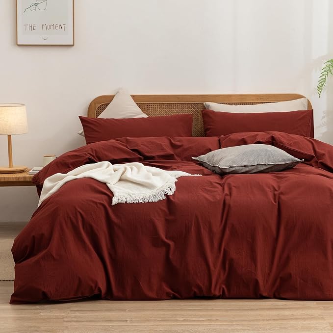 BESTOUCH Cotton Solid Duvet Cover Set Linen Feel Fired Brick Red King | 100% Washed Cotton, Soft Wrinkle Texture, Hidden Zipper, 8 Ties, Breathable Lightweight Durable Comfy, 3 Pcs No Insert