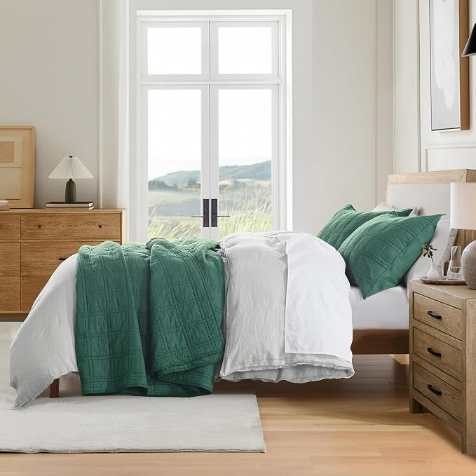 HORIMOTE HOME 100% Cotton Quilt Set King Size, Dark Green Pre-Washed Bedspreads Coverlet Set in Geometric Pattern, Cozy Lightweight Stitching Decorative Bedding Cover with 2 Shams for All Season