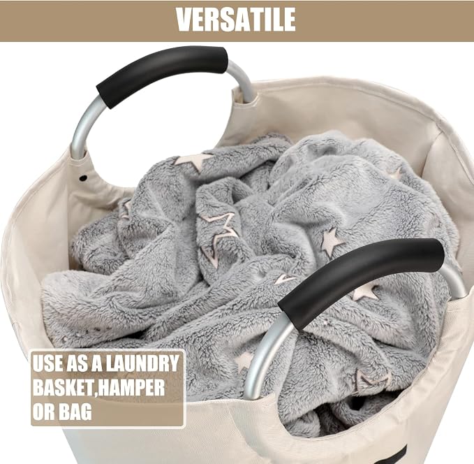 DOKEHOM 90L Large Laundry Basket Bag, Collapsible Tall Hamper, Beige | Freestanding tall washing bin & foldable laundry bag. High-capacity clothes storage basket with durable sturdy handles