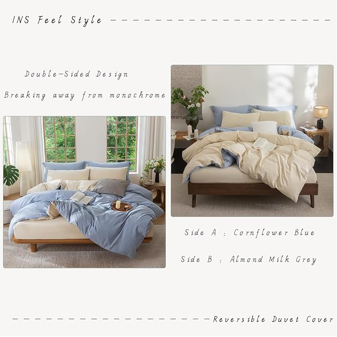 BDEAR 3Pcs Reversible Duvet Cover Set 98 x 90 inch, Blue and Almond Grey | 100% Washed Cotton, 1 Duvet Cover with 2 Pillowcases, Zipper Closure, OEKO TEX Standard,8 Corner Ties,Linen-Liked Texture