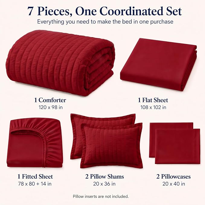 Oversized King Seersucker Comforter Set, Dark Red, 120 x 98 in | OEKO-TEX Certified, 7 Pieces Bed in a Bag with 240 GSM Down Alternative Comforter, Flat & Fitted Sheets, Pillowcases & Shams