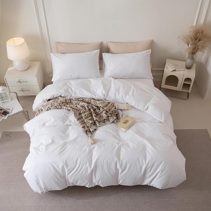 BDEAR 3Pcs Bright White Duvet Cover Set King Size 104" Wx 90" L,Oeko TEX | 100% Washed Cotton, 1 Duvet Cover with 2 Pillowcases, Zipper Closure, 8 Corner Ties,Linen-Liked Texture, Skin Friendly