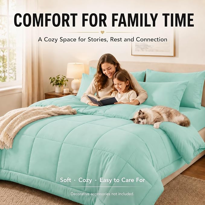 Full Size Comforter Sets Mint Green - 7 Pieces Bed in a Bag | OEKO-TEX Certified, All-Season, Bedroom, Guest Room, Down-Alternative Comforter + Flat & Fitted Sheets + 4 Pillowcases
