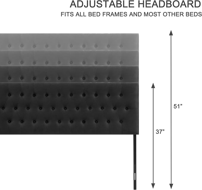 Tufted Upholstered Headboard King Size, Adjustable Height 37- 51 in, Black | Sturdy and Durable Solid Wood Bed Headboard, Fabric King Headboard Only, Modern Button Diamond Design Head Board