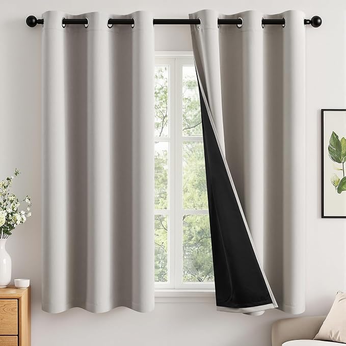 MIULEE Stone 100% Blackout Curtains for Bedroom 40x63 Inch Long | 2 Thick Layers Thermal Insulated Window Curtains with Black Liner, Noise Reducing Grommet, Drapes for Living Room, 2 Panels