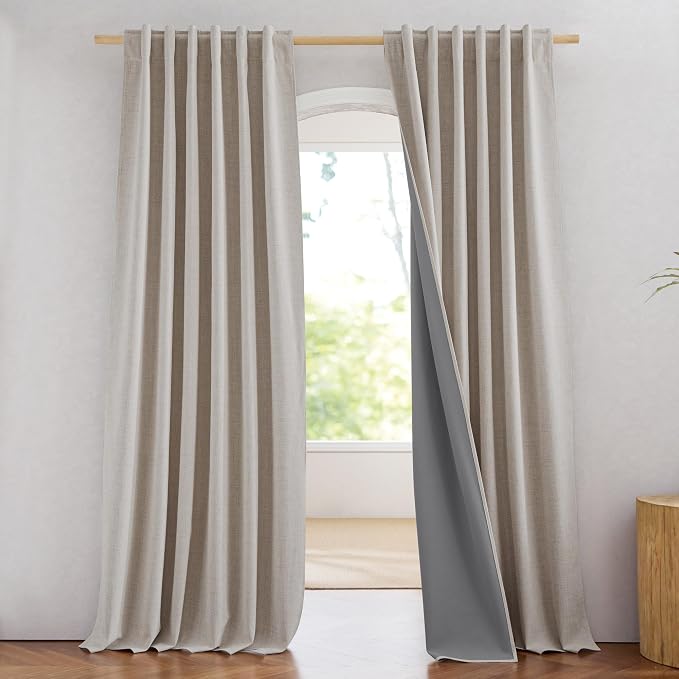 NICETOWN 100% Blackout Linen Curtains for Bedroom/Living Room 90" L, 2 PCs | Thermal Insulated & Privacy Curtains with Grey Liner, Noise Reducing Farmhouse Style, Natural, W52 x L90 in Each