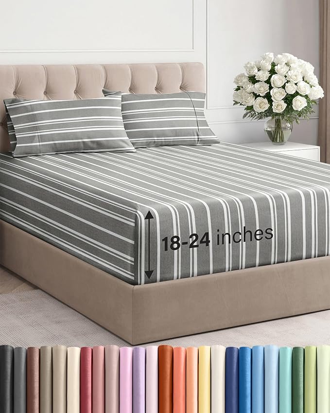 Extra Deep Twin Sheet Set - 4 Piece Breathable & Cooling - Grey Stripes | Hotel Luxury Bed Sheets Set, Easy & Secure Fit, Ultra-Soft, Wrinkle & Fade Free, Comfy Sheets Set with Extra Deep Pockets