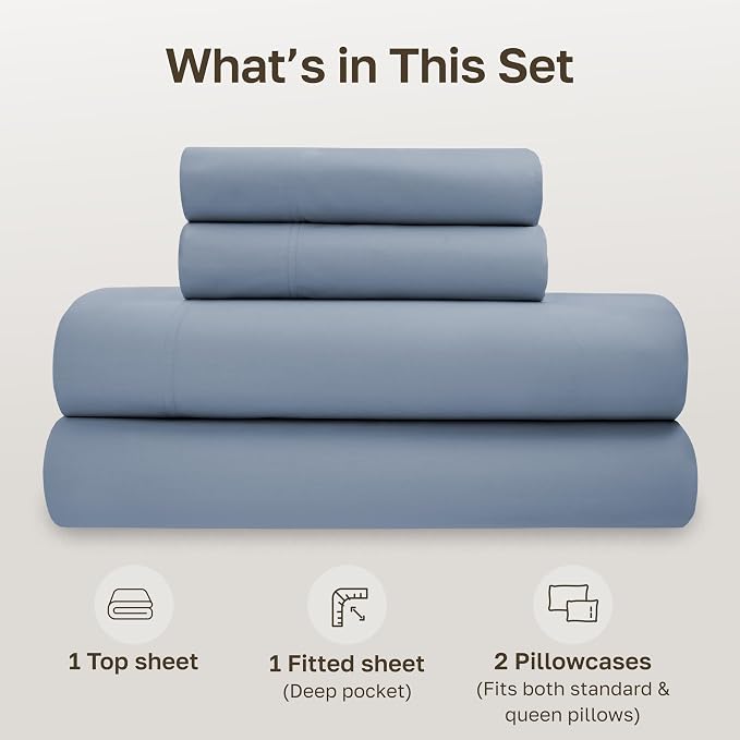 California Design Den 100% Organic Cotton Queen Bed Sheets, Blue Hydrangea | GOTS Certified, Lightweight Crisp & Airy Percale For Hot Sleepers, 15" Deep Pocket Set, All-around Elastic, Easy Care