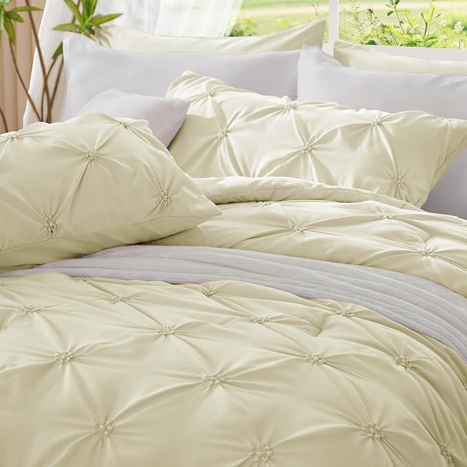 BEDELITE Queen Comforter Set Beige,Lightweight & Soft Comforter | Pintuck Boho Bedding, Warm & Cute Bed Set for All Season,With 2 Pillowcases
