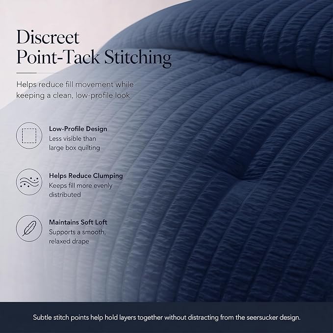 Oversized Queen Seersucker Comforter Set, Navy Blue, 98 x 98 in | OEKO-TEX Certified, 7 Pieces Bed in a Bag with 240 GSM Down Alternative Comforter, Flat & Fitted Sheets, Pillowcases & Shams