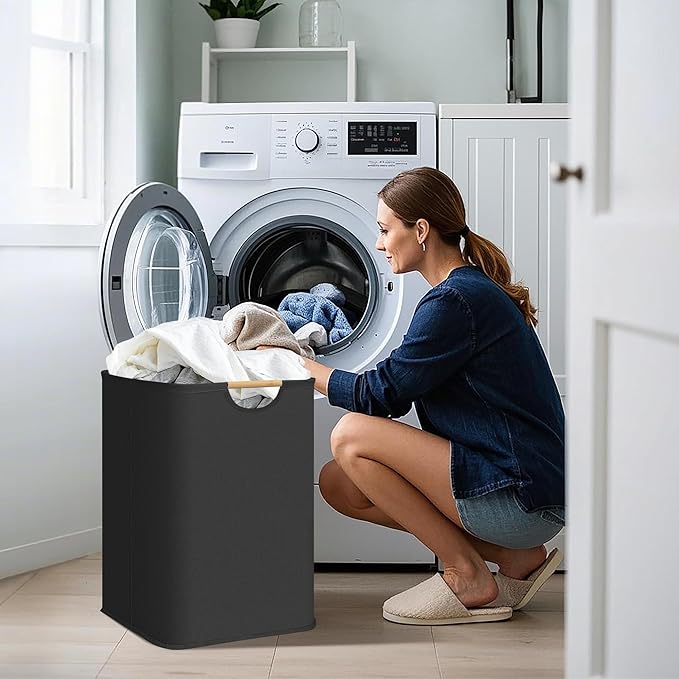 STORAGE MANIAC 1-Pack Large Laundry Hamper, 100L (26.4 Gal) Collapsible Laundry Basket with Bamboo Handles, Freestanding Waterproof Clothes Hamper for Laundry Room, Bedroom, Dorm, Towels, Black