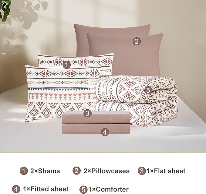 Full Size Comforter Sets - 7 Pieces Western Bedding Reversible Bed in a Bag | Boho Bedding, All Season Aztec Bed Set with Comforter, Sheets, Pillowcases & Shams, Burgundy