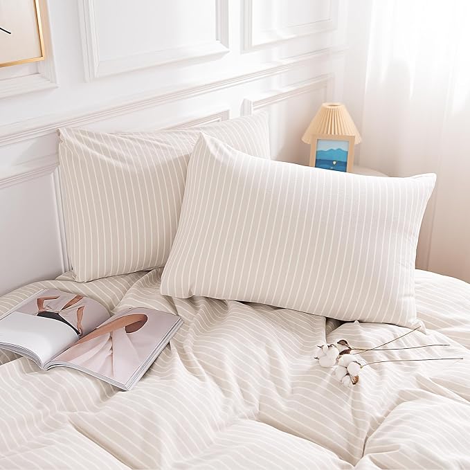 NEXHOME PRO Striped Duvet Cover Super King,100% Washed Cotton Bedding Set,Textured Linen Feel,Breathable,Organic,3 Piece(White Stripes 108x98)