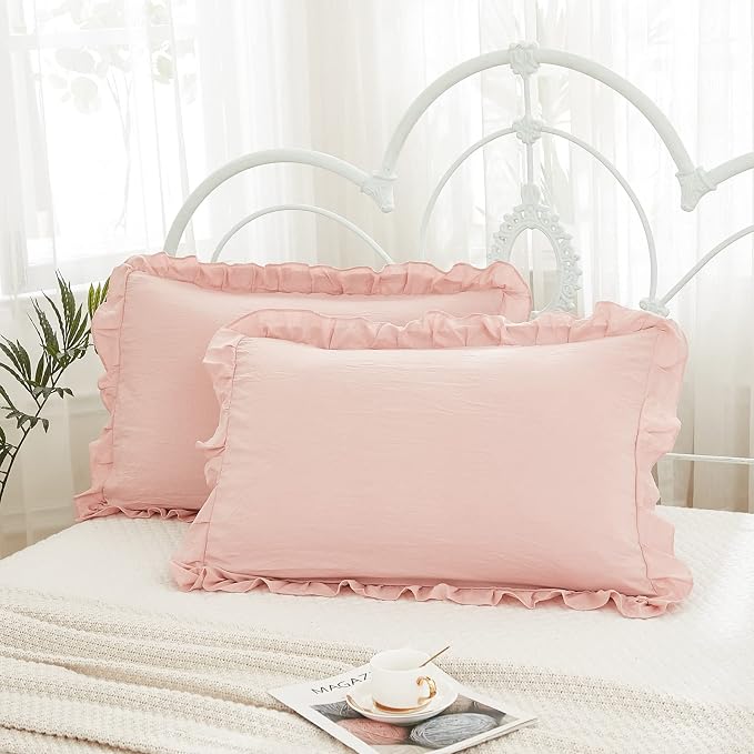 Pink Pillowcases King Pillowcases Ruffled Pillow Shams Set of 2 Cute Pillowcases Solid Ruffled Fringe Design Baby Pink Shabby Chic Pillowcases 2 Pack (King (20''x36''), Pink)