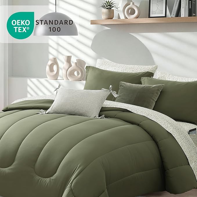 Monbix Queen Comforter Set - 7 Pieces Soft Bed in a Bag Queen Bedding Sets | All Season Green Track Stitching Comforter Bed Set with Printed Sheets, Pillowcases & Shams