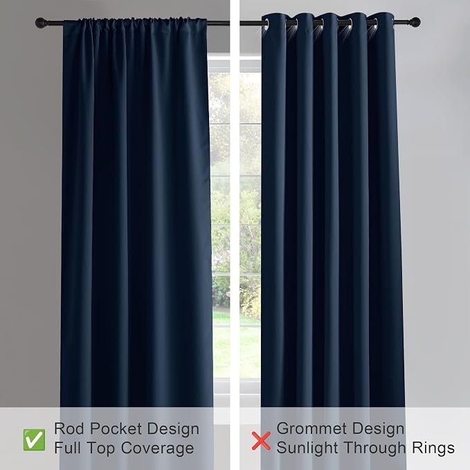 PONY DANCE Short Curtains for Kitchen Window - Home Decor Rod Pocket Thermal Insulated Window Treatments Light Block Panels for Bathroom, 42 W x 30 L, Navy Blue, Set of 2