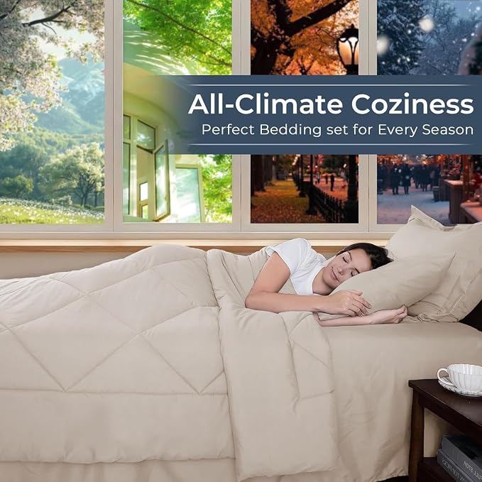 7-Piece Oversized King Comforter Set, Beige | Reversible, All-Season, Soft, 7 Piece Set, All-Season Reversible Bed in a Bag, Flat Sheet, Fitted Sheet, Pillowcases
