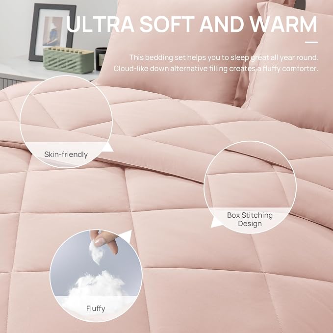 Love's cabin Twin XL Bedding Set, 5 Pieces Pink All Season with Comforter, Sheets, Pillowcase & Sham