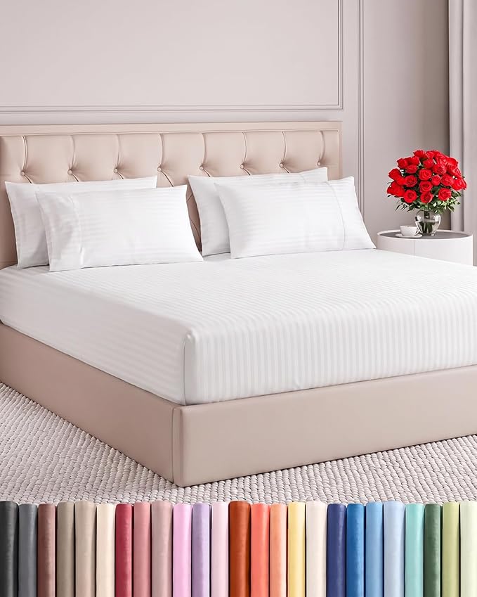 Split King 7 Piece Bed Sheet Set - Breathable & Cooling - Striped White | Ultra-Soft Hotel Luxury Bedding Set w/ 8-16 Inch Deep Pockets, 1 Flat & 2 Fitted Sheet & 4 Pillowcases, Wrinkle & Fade Free