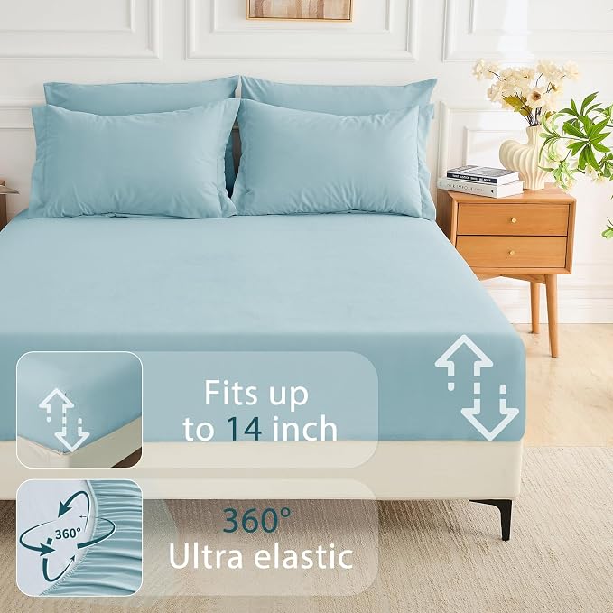 7 Pieces California King Comforter Set, Soft Bed in a Bag Cal King Size, All Season Bedding Set with Comforter, Flat Sheet, Fitted Sheet, Pillowcases & Shams, Lake Blue