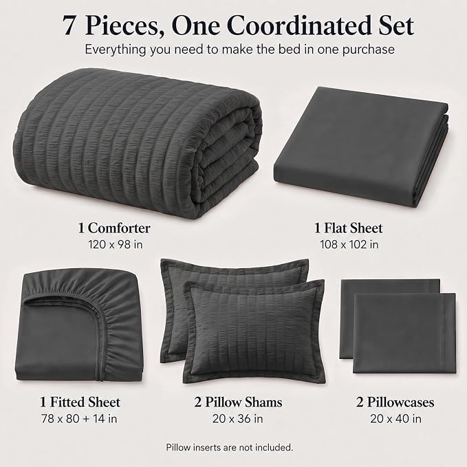 Oversized King Seersucker Comforter Set, Dark Grey, 120 x 98 in | OEKO-TEX Certified, 7 Pieces Bed in a Bag with 240 GSM Down Alternative Comforter, Flat & Fitted Sheets, Pillowcases & Shams