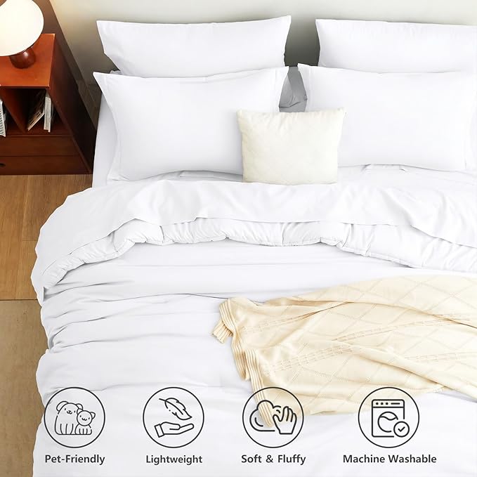 King Size Comforter Set White, 7 Pieces Bed in a Bag | OEKO-TEX Certified, All-Season, Bedroom, 240GSM Down Alternative Comforter, Flat & Fitted Sheets, 2 Pillowcases & 2 Shams