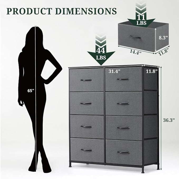 8-Drawer Dresser for Bedroom, Anti-Tip Tall Storage Organizer | Chest of Drawers with Wooden Top and Metal Frame Fabric Bins for Closet, Living Room, Hallway, Entryway, Gray