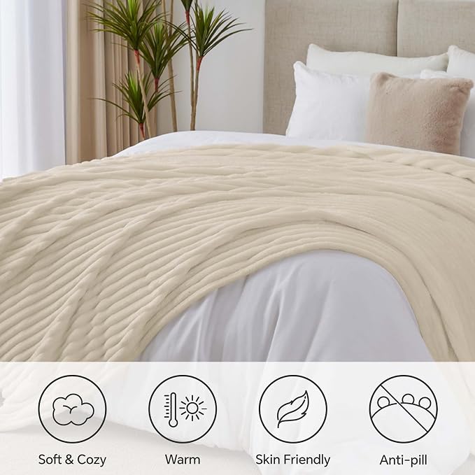 BEDELITE Ribbe Blankets Queen Size for Bed, Beige, 90"x90" | Ultra-Soft Plush Fleece, Warm Yet Lightweight, Ribbed Texture, Home Decor, Machine Washable, Giftable, All-Season Use