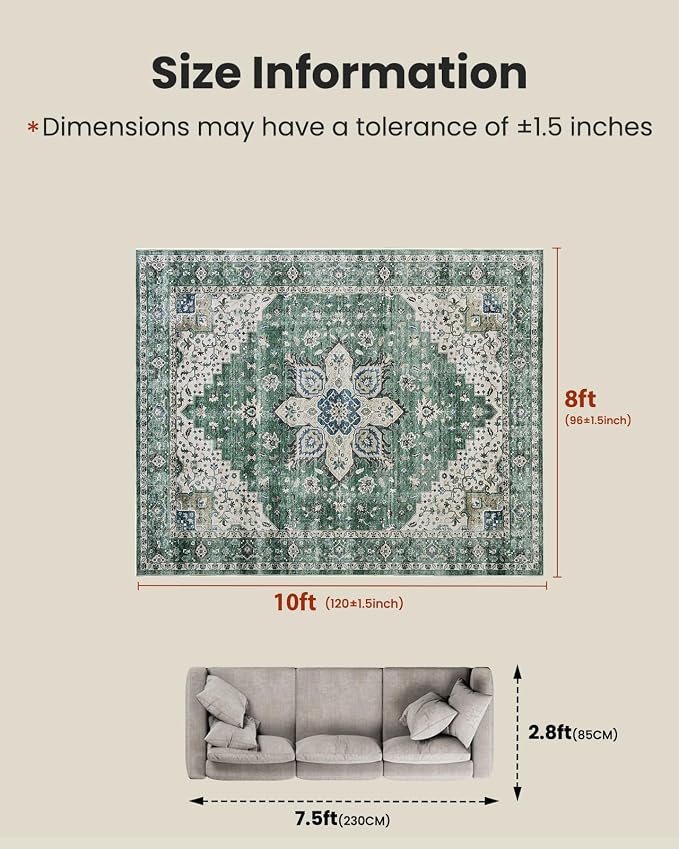 AMADA HOMEFURNISHING 8x10 Area Rug, Washable Low-Profile Large Area Rug with Non-Slip Backing & Durable Edge Binding, Vintage Large Rugs for Living Room, Bedroom